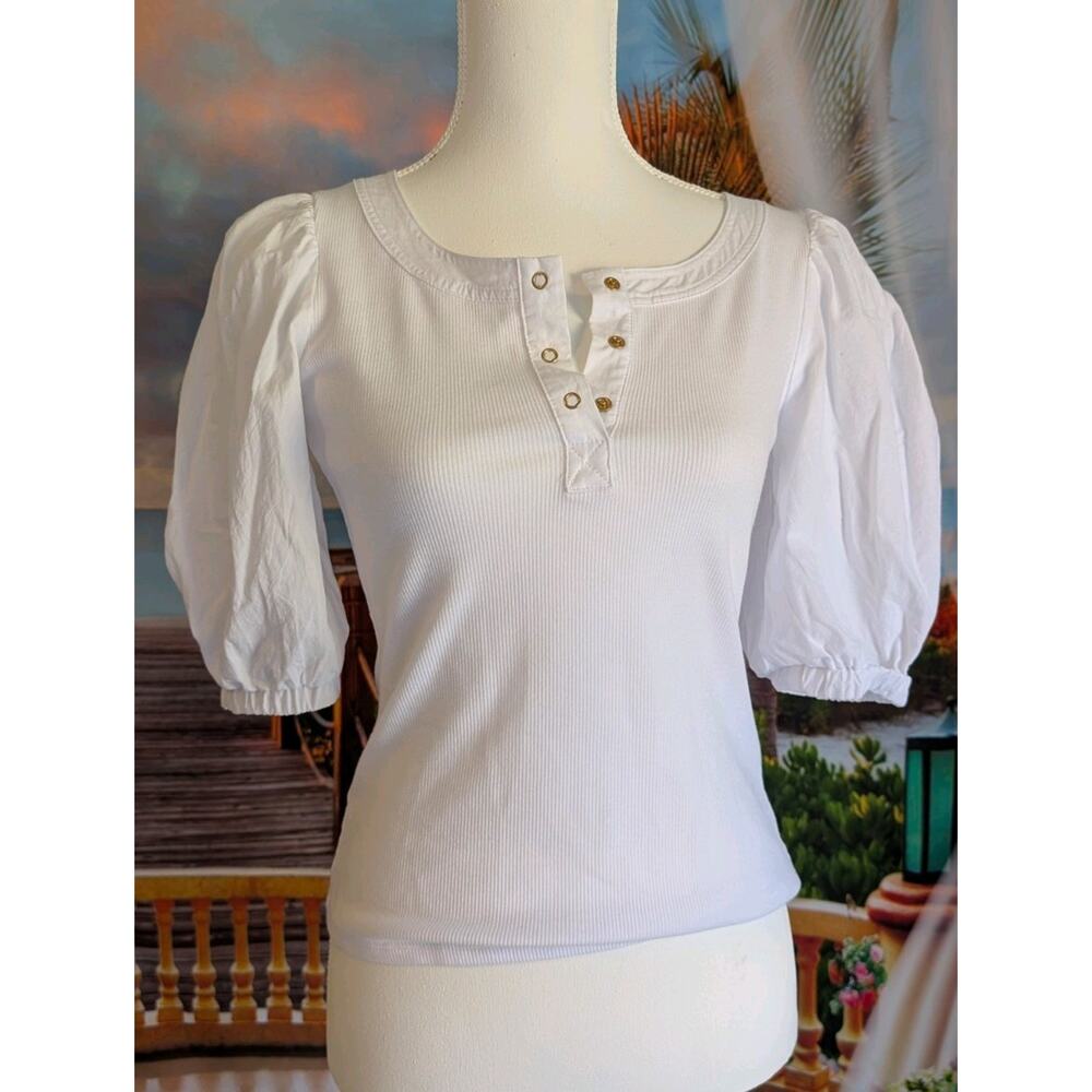 bishop + young White Knit Puff Sleeve Button Henley Top, Women's XS 100% Cotton